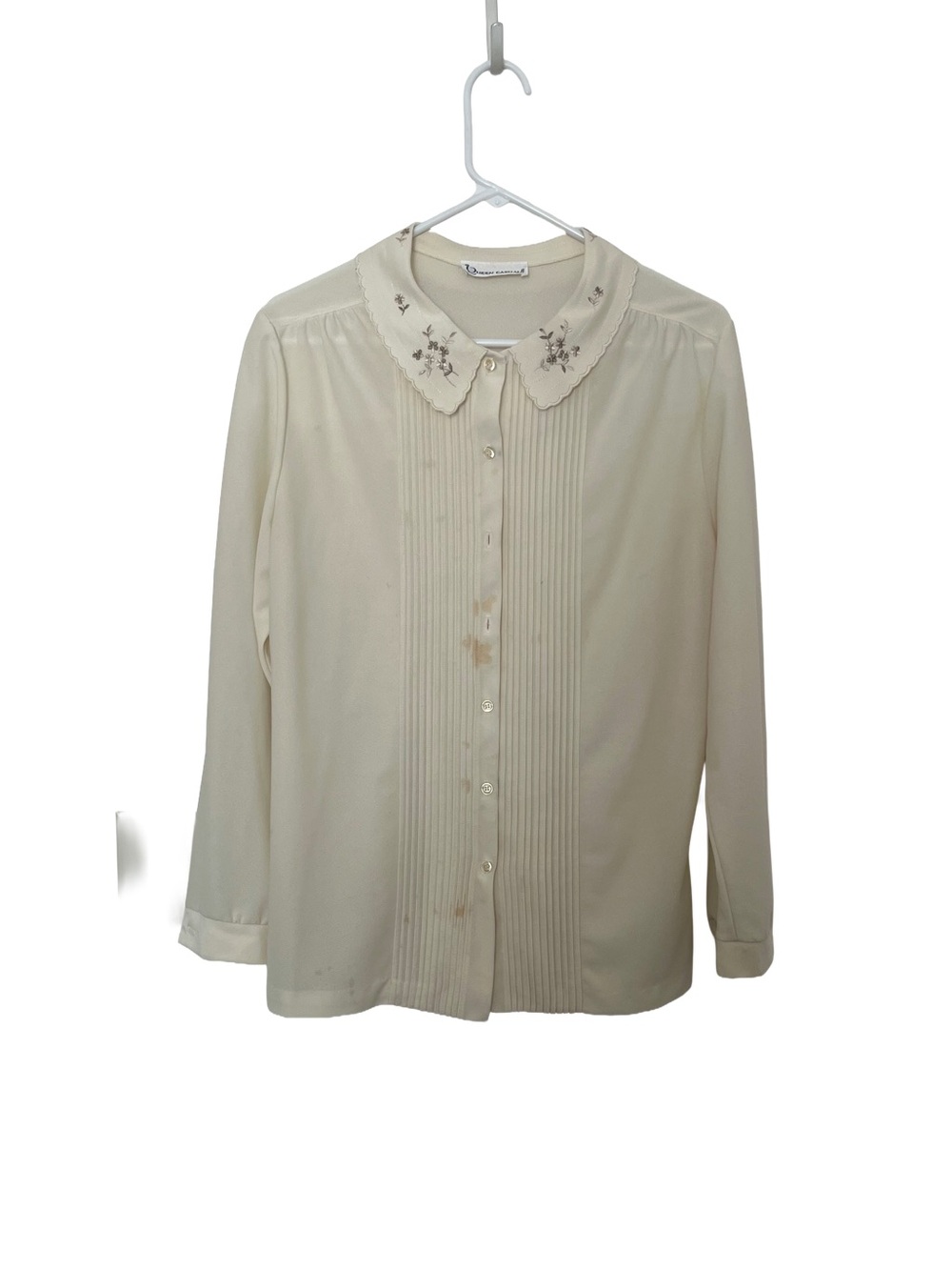 Vintage Embroidered Collar Cream Button-Front Blouse